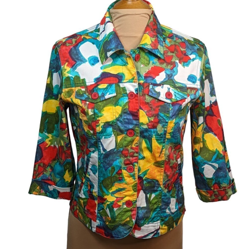 COLDWATER CREEK Cotton Three Quarter Sleeve Jacket Bright Watercolor Size XS